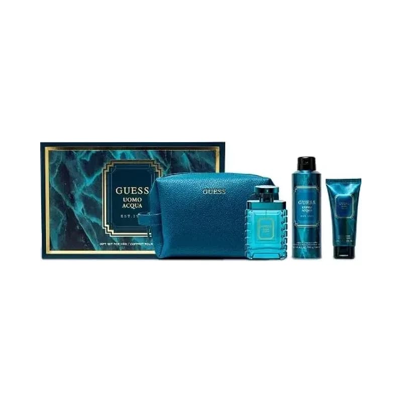 Guess Uomo Acqua לגברים - סט מתנה 4 חלקים 97 מ"ל תרסיס EDT, תרסיס גוף מפיג ריח 170 גרם, ג'ל רחצה 96.4 גרם, נרתיק